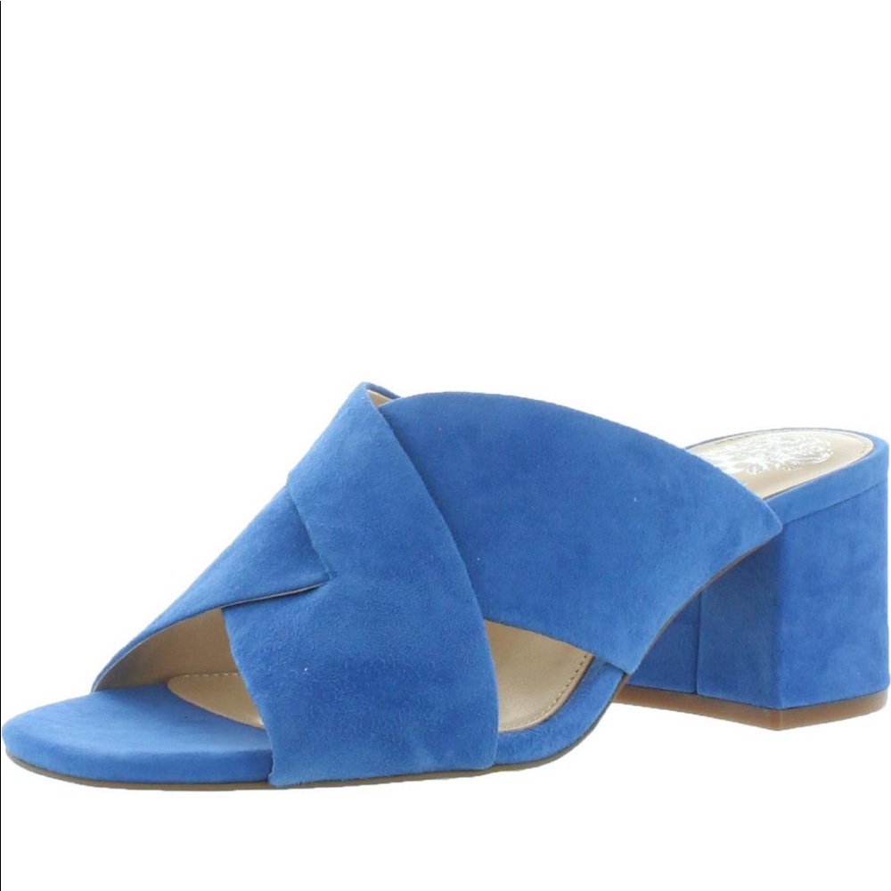 NWT Vince Camuto Stania Suede Block Heel Slide Sandals in Blue 5.5
